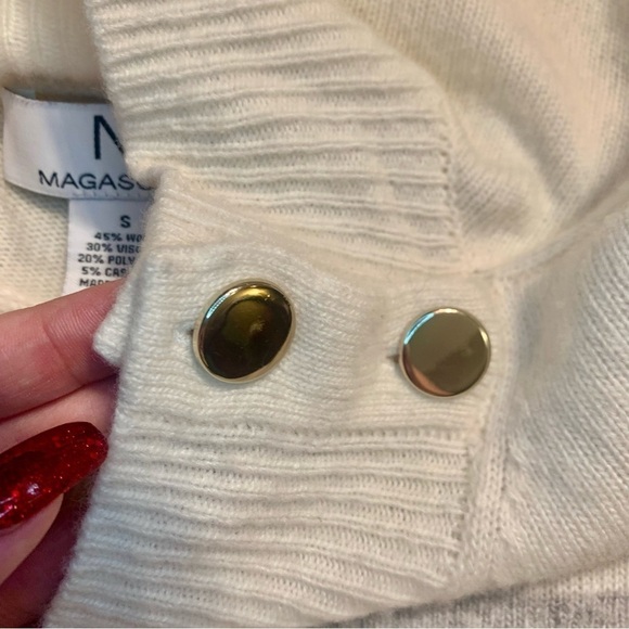 Magaschoni Sweater Small White Grey Stripes Gold Buttons Collar Wool Cashmere - Picture 10 of 14